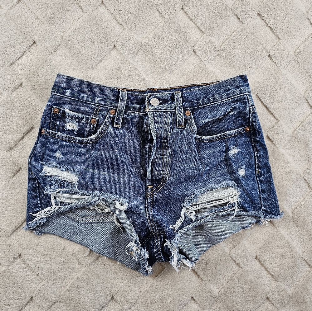Levi's Dark Blue Distressed High Waist Denim Shorts